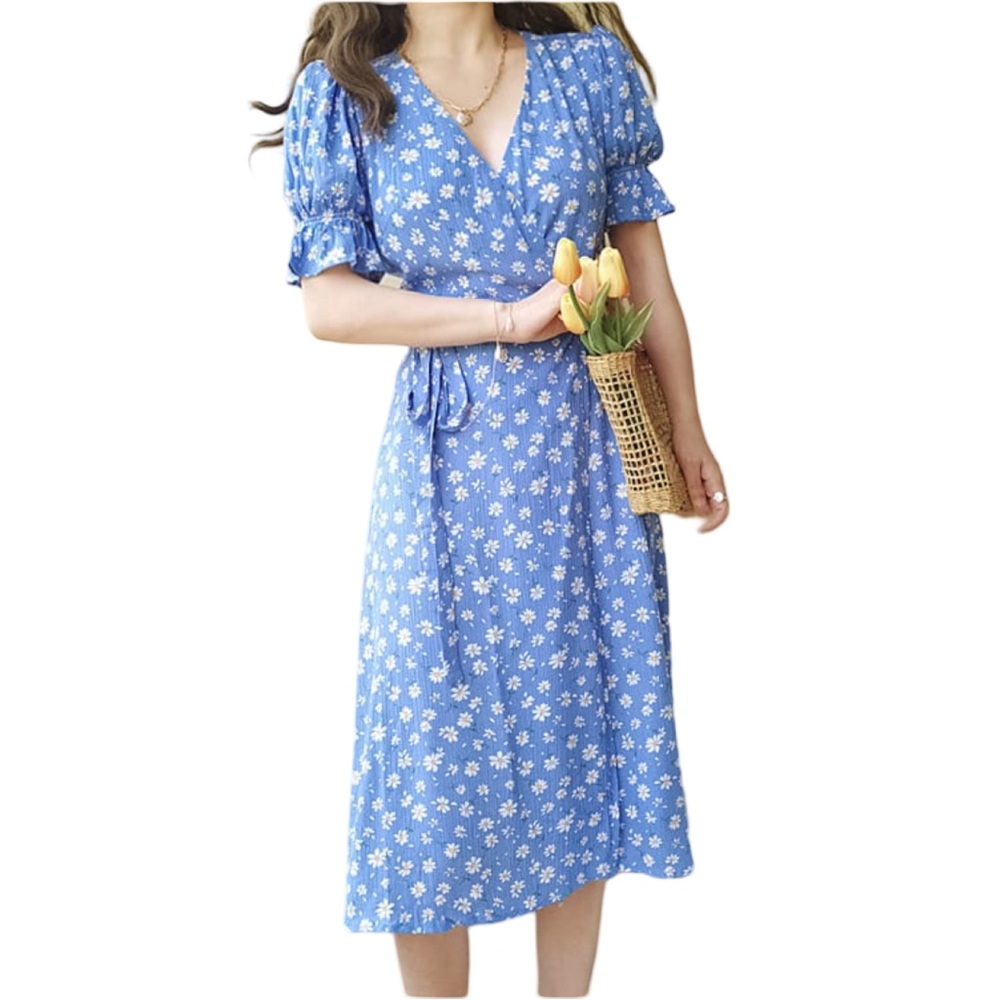 NWT Zaful Floral Dainty Daisy Wrap Dress Boho Meadow Aline V Neck Blue Size M S…